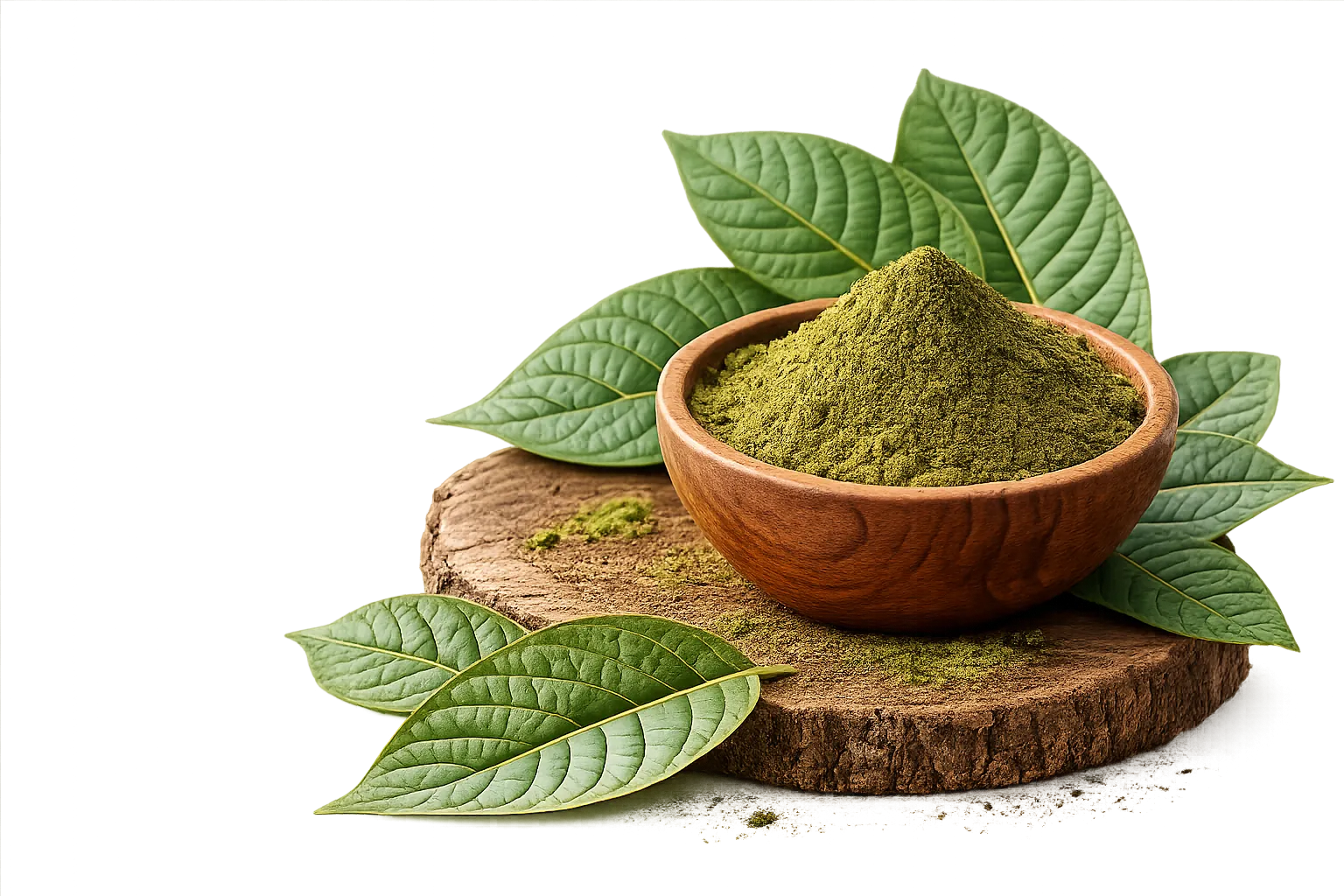 Schale mit Premium-Kratompulver, umgeben von frischen Kratomblättern