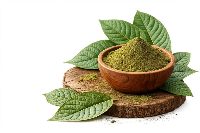 Kratompulver in Holzschale mit frischen Blättern