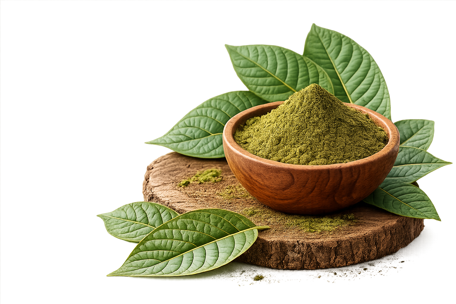Schale mit Premium-Kratompulver, umgeben von frischen Kratomblättern