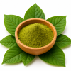 Green Maeng Da Kratom Pulver in Holzschale auf Kratomblättern