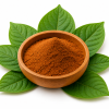 Red Dragon Kratom Pulver in Holzschale auf Kratomblättern
